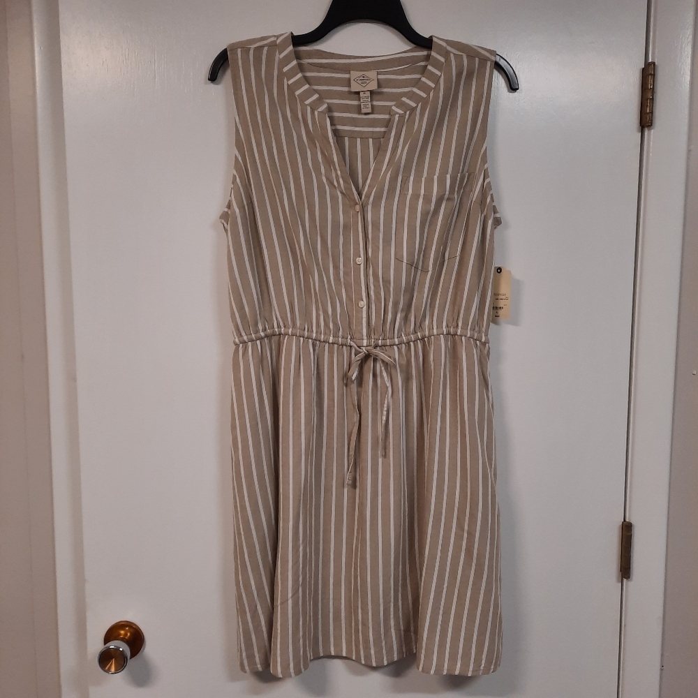 St Johns Bay Linen Blend Sleeveless V-neck Dress Sz XL Tan Stripe Tie Waist New